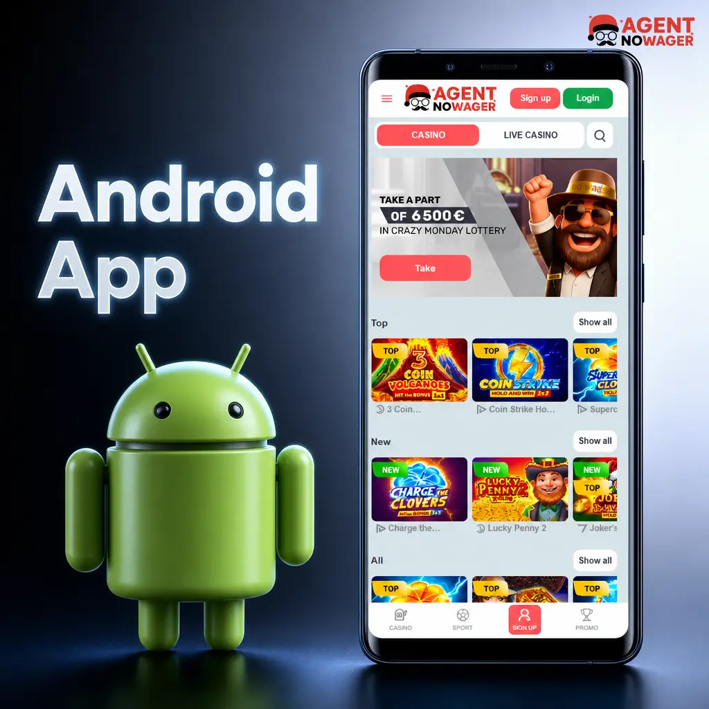 Android smartphone displaying the Agent No Wager app APK download and installation process for Android 5.0 and later