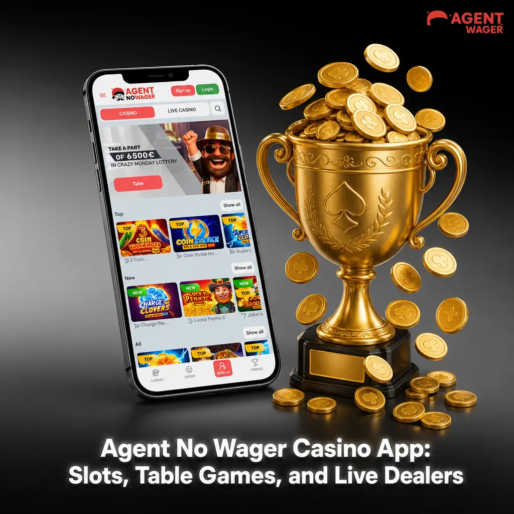 Agent No Wager casino app showing slots, live dealer tables, and mobile game library for UK players