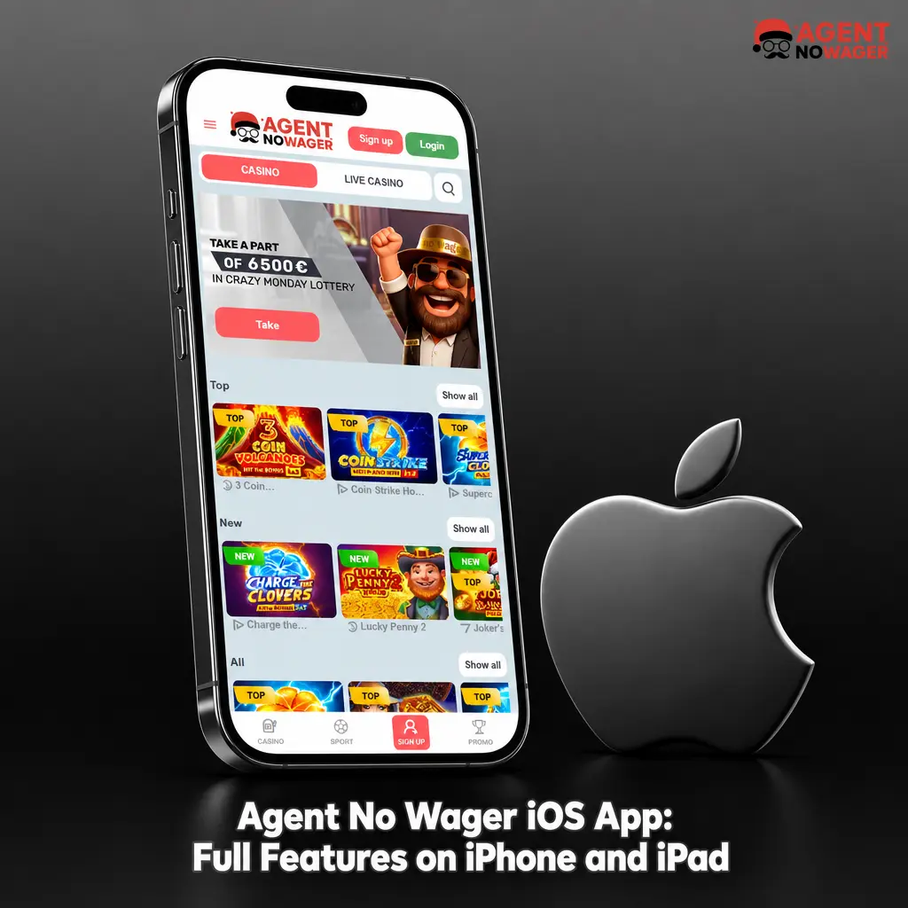 Agent No Wager iOS app on iPhone and iPad showing live betting and casino features for UK users