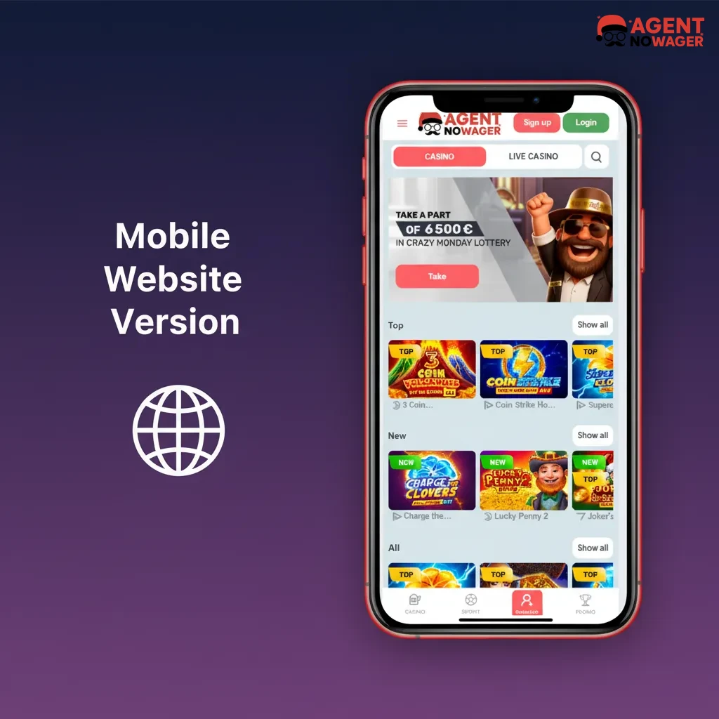 Agent No Wager mobile site on phone and tablet; bet, play casino, manage payments and account in browser, no download