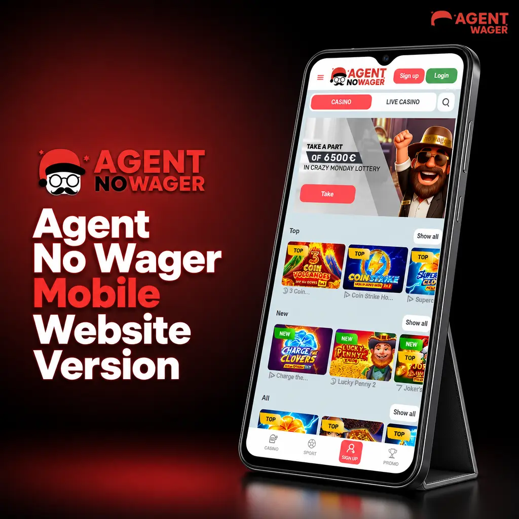 Agent No Wager mobile website on smartphone browser showing sports betting and casino games for UK players
