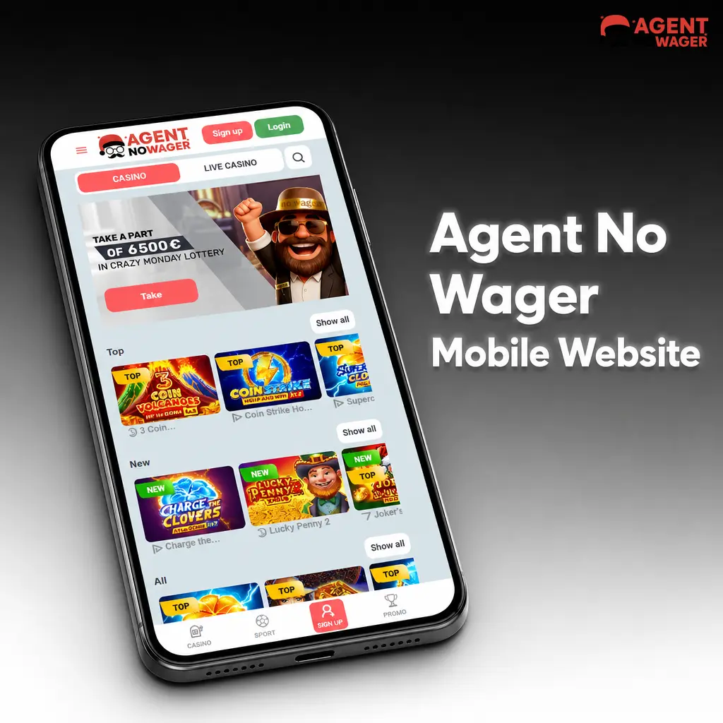 Agent No Wager mobile website displayed on smartphone and tablet browsers with full betting and casino access