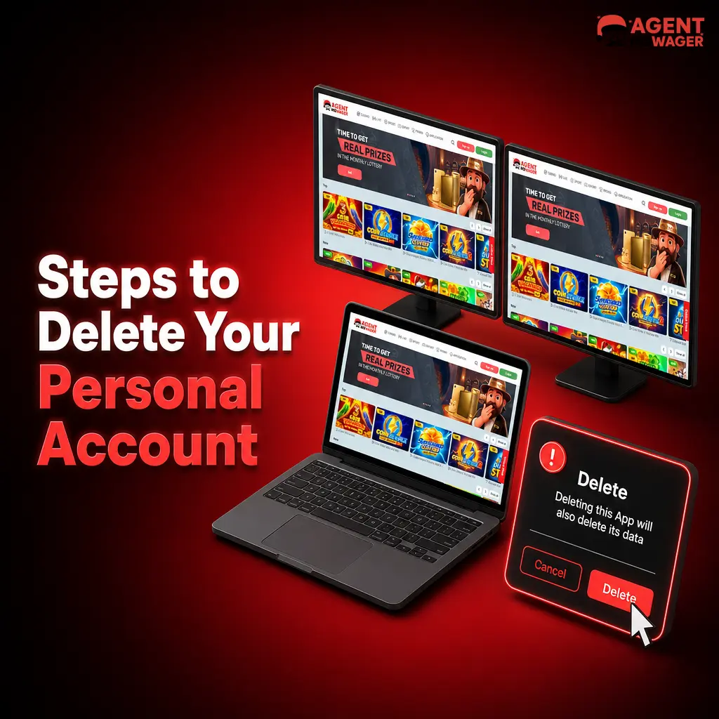 Steps to delete a personal account on Agent No Wager, including login, settings navigation, and closure request submission