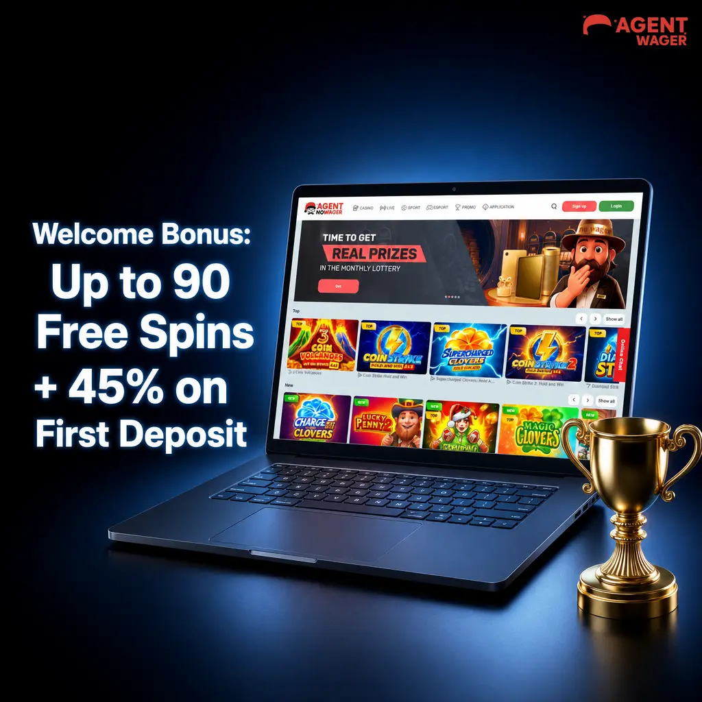 Agent No Wager welcome bonus showing 45% deposit match and up to 90 free spins for new UK players