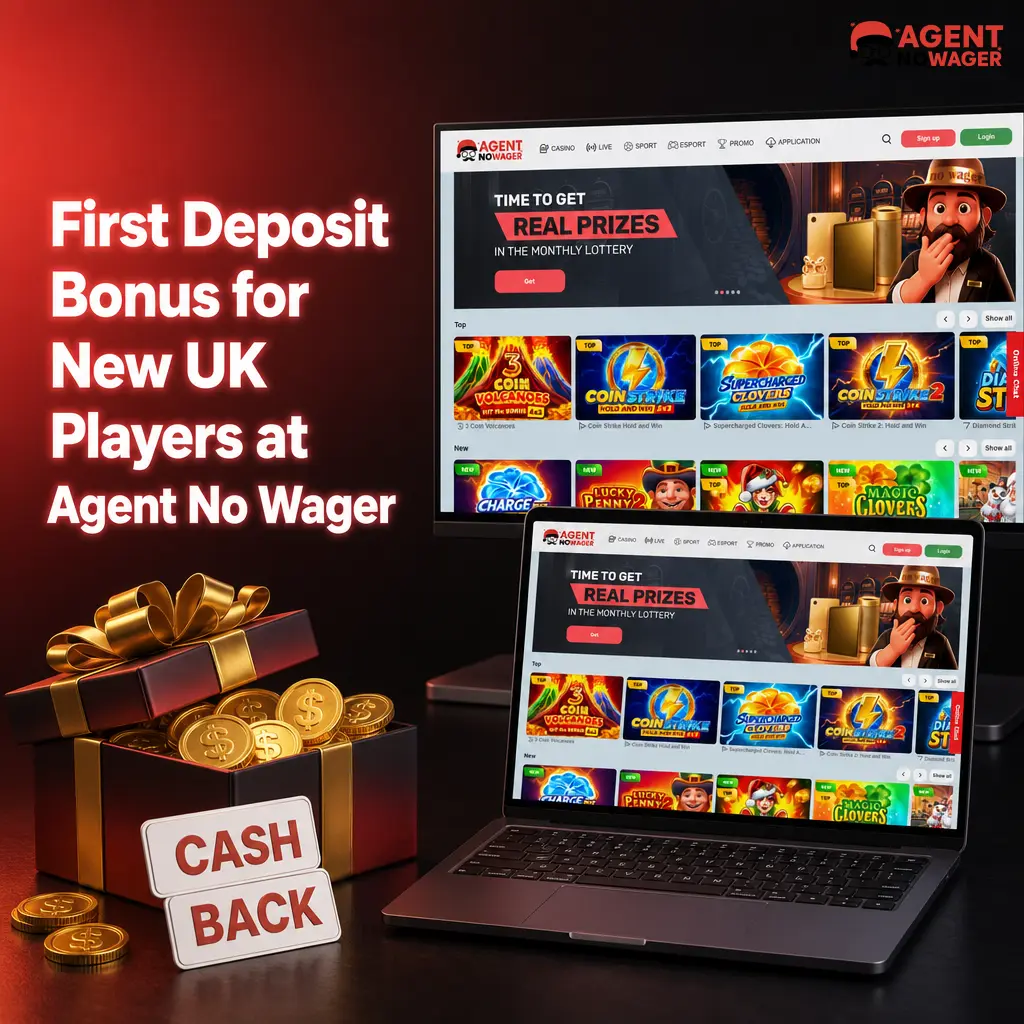 Agent No Wager first deposit bonus for new UK players offering 45% match and up to 90 free spins with £10 min deposit