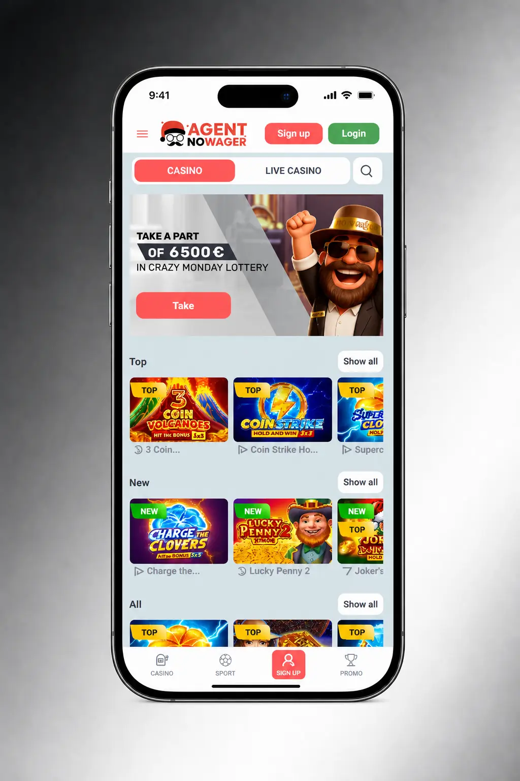 Step-by-step guide to starting casino games at Agent No Wager, showing slots, live dealer, and crash game options