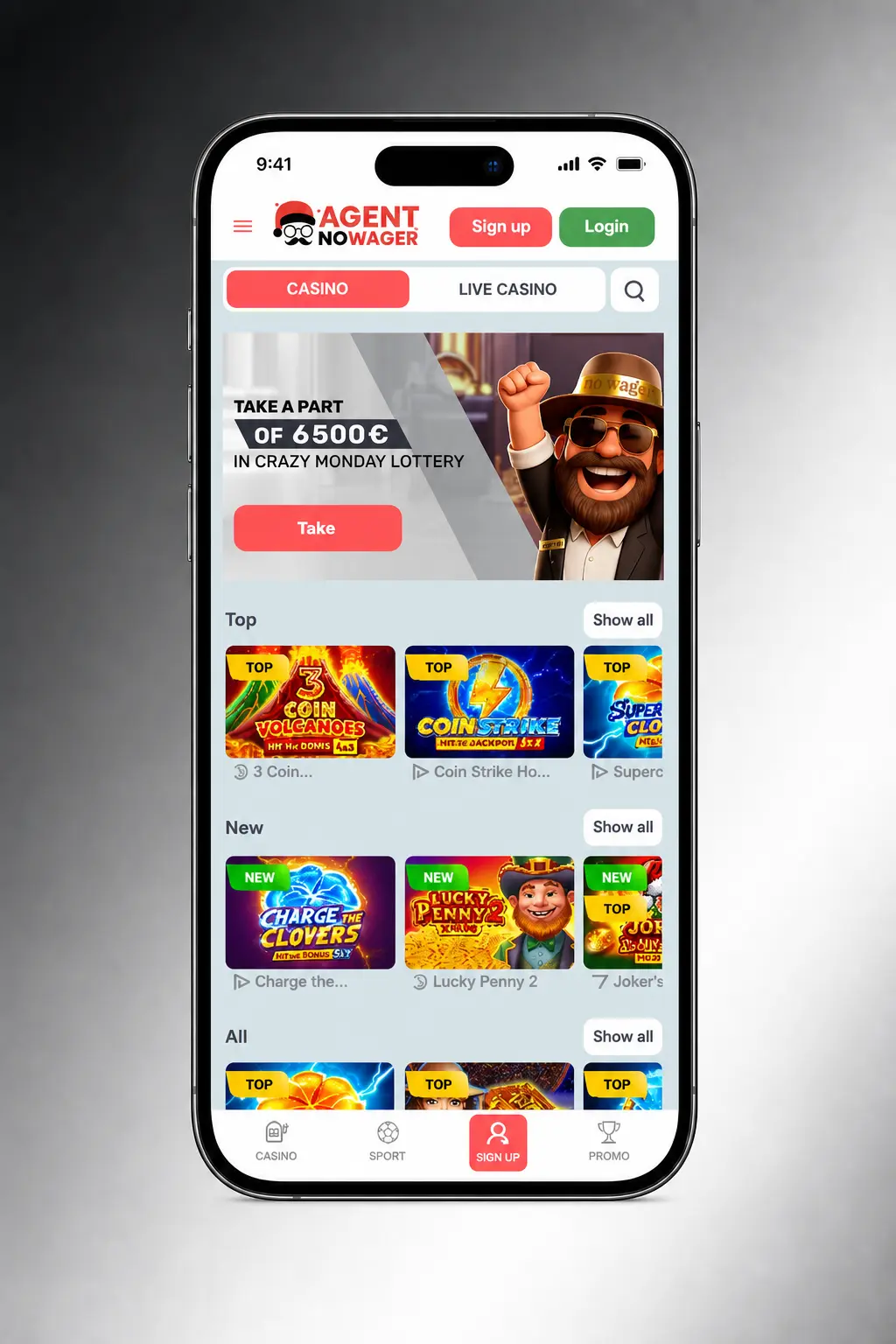 Step-by-step guide to starting casino games at Agent No Wager showing slots, live dealer, and crash game options