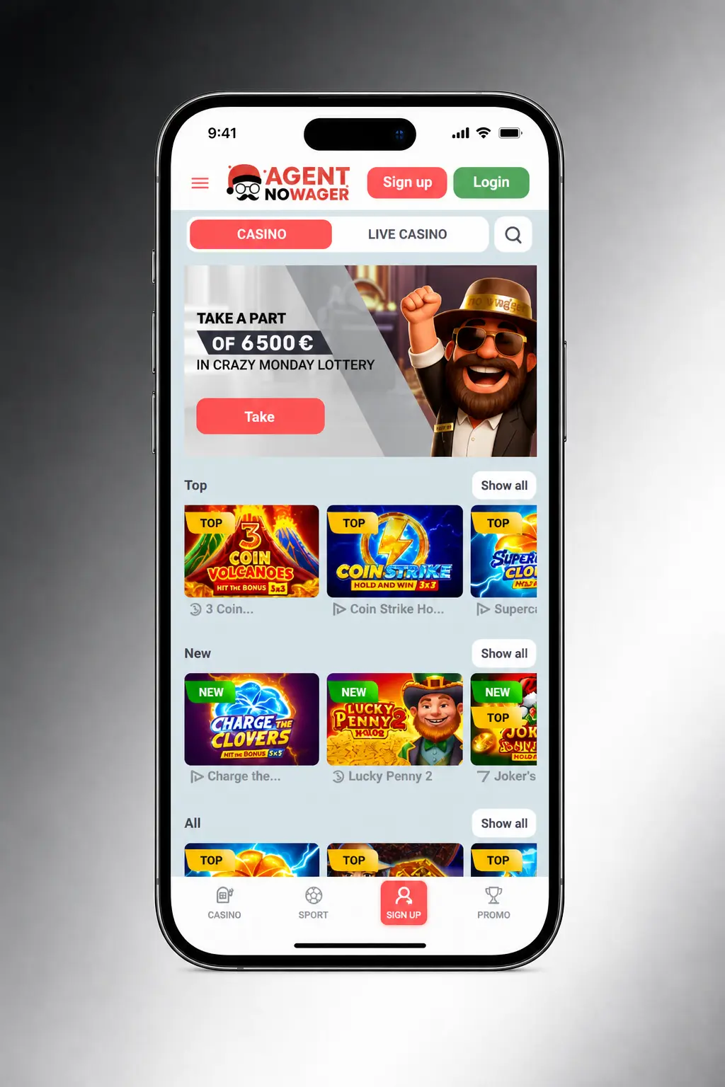 Step-by-step guide to starting casino games at Agent No Wager, showing slots, live dealer, and crash game options