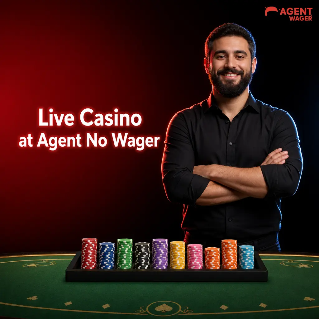 Live casino dealer at Agent No Wager operating a physical table in a professional studio for UK players