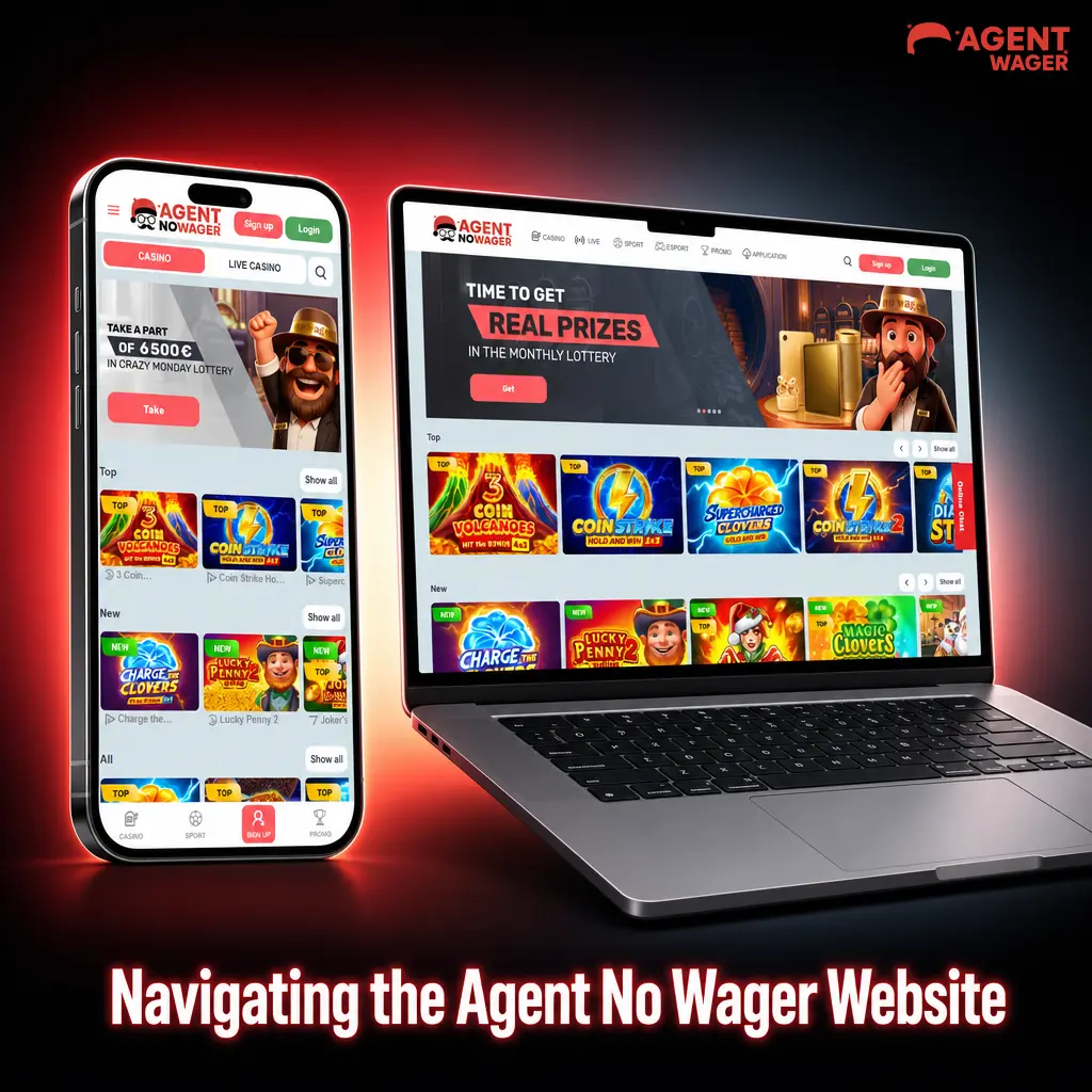 Agent No Wager website homepage showing top navigation bar with Sports, Live Betting, Casino and account functions