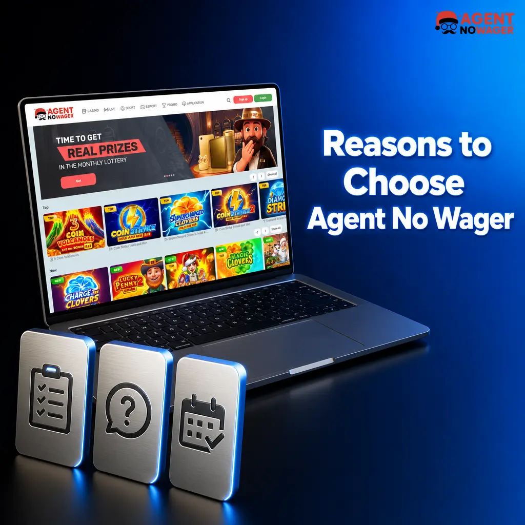 Agent No Wager platform showing no-wagering bonus, sports betting, casino games, and mobile apps for UK players