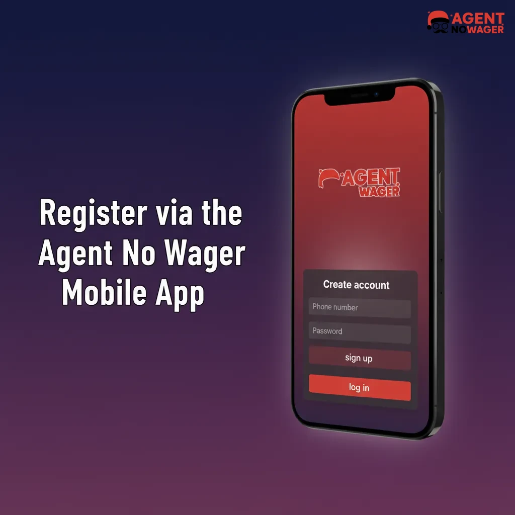 Phone screen with Agent No Wager app, Create Account, Face ID/Touch ID, and sign-up via phone, email, or social