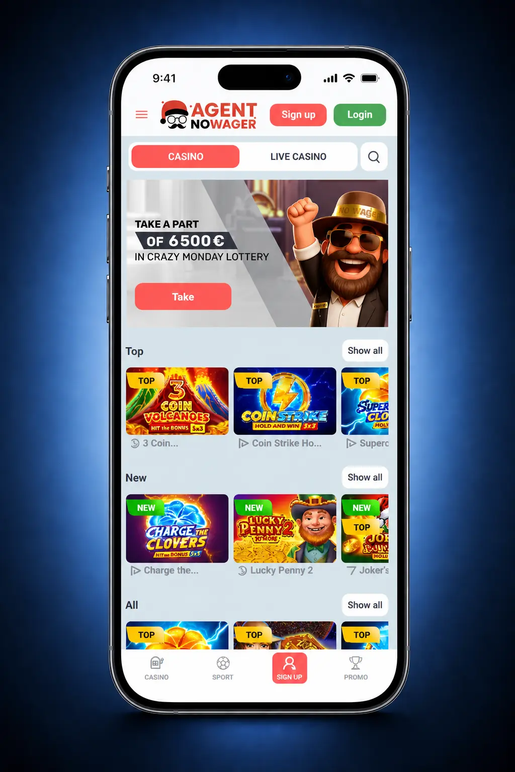 Agent No Wager app registration steps on mobile showing 5-step sign-up process for UK players aged 18+