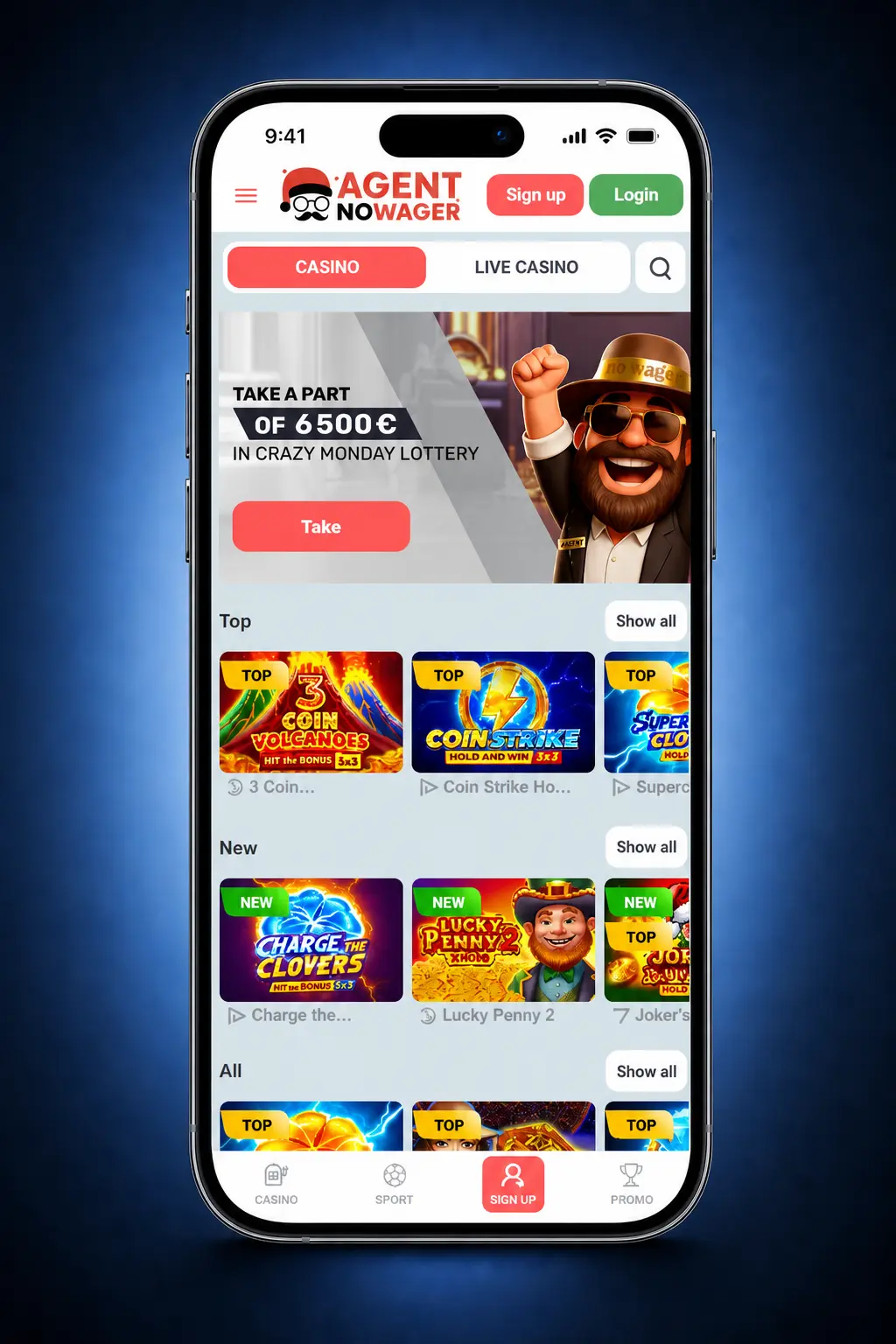 Agent No Wager app registration steps on mobile showing 5-step sign-up process for UK players aged 18+