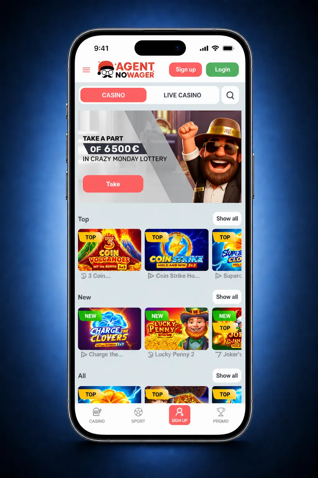 Agent No Wager app registration steps on mobile screen showing 5-step sign-up process for UK players aged 18+