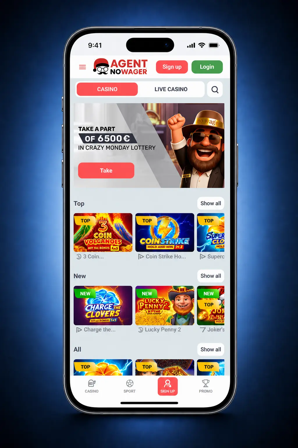 Agent No Wager app registration steps on mobile device showing 5-step sign-up process for UK players aged 18+