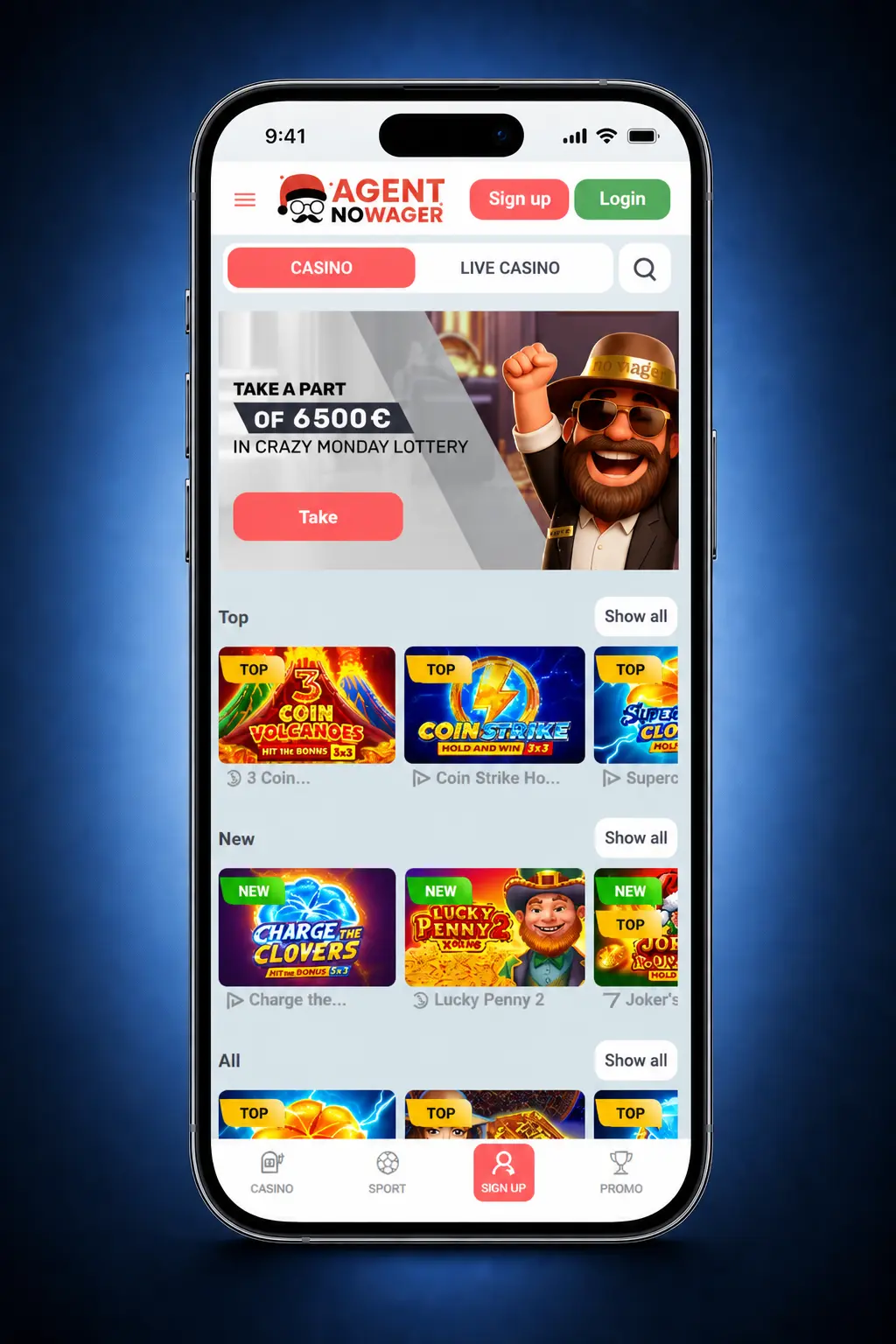 Agent No Wager app registration steps on mobile showing 5-step sign-up process for UK players aged 18+