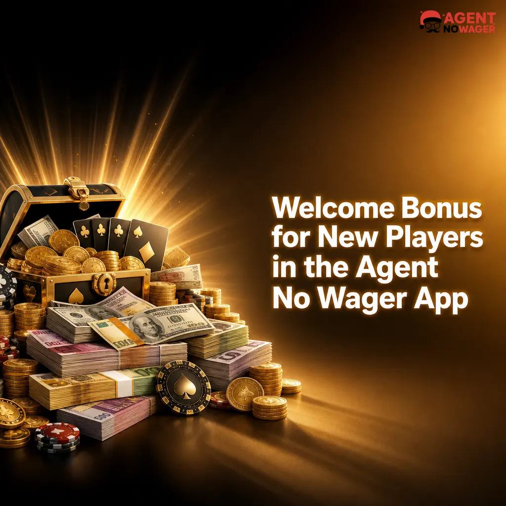 Agent No Wager app welcome bonus screen showing 45% match deposit offer and 90 free spins for new players