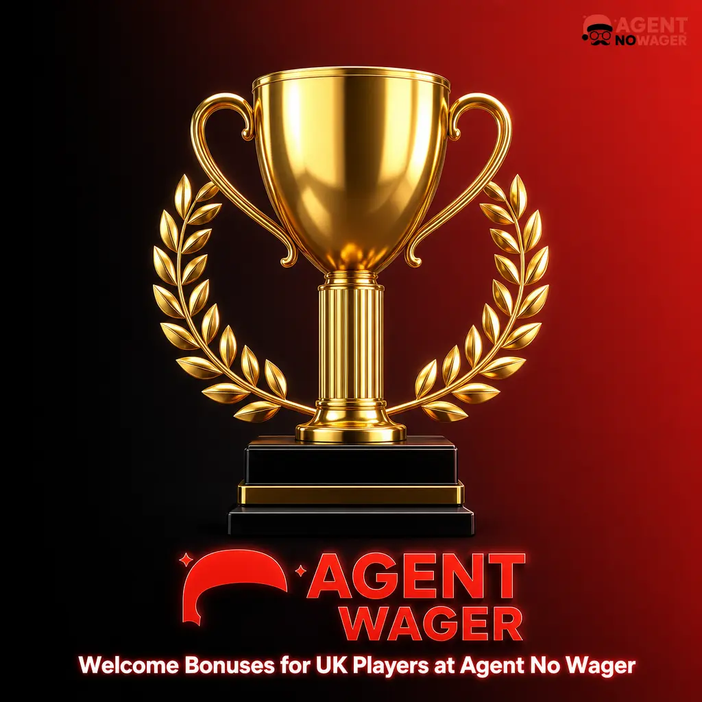 Agent No Wager welcome bonus for UK players showing 90 free spins and 45% deposit match with no wagering requirements